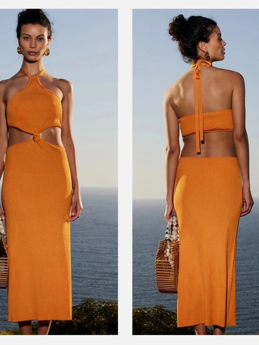 cult gaia Orange Halter Midi Dress with Front Knot